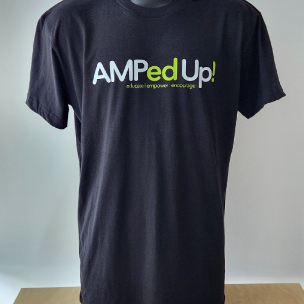 Graphic of a black T-shirt with AMPed Up! logo in white and lime green text.